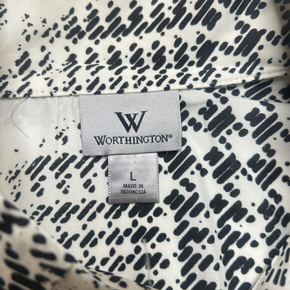 Worthington Women’s L Career button Up Pleated Collar Geometric multi Cream - Picture 6 of 12